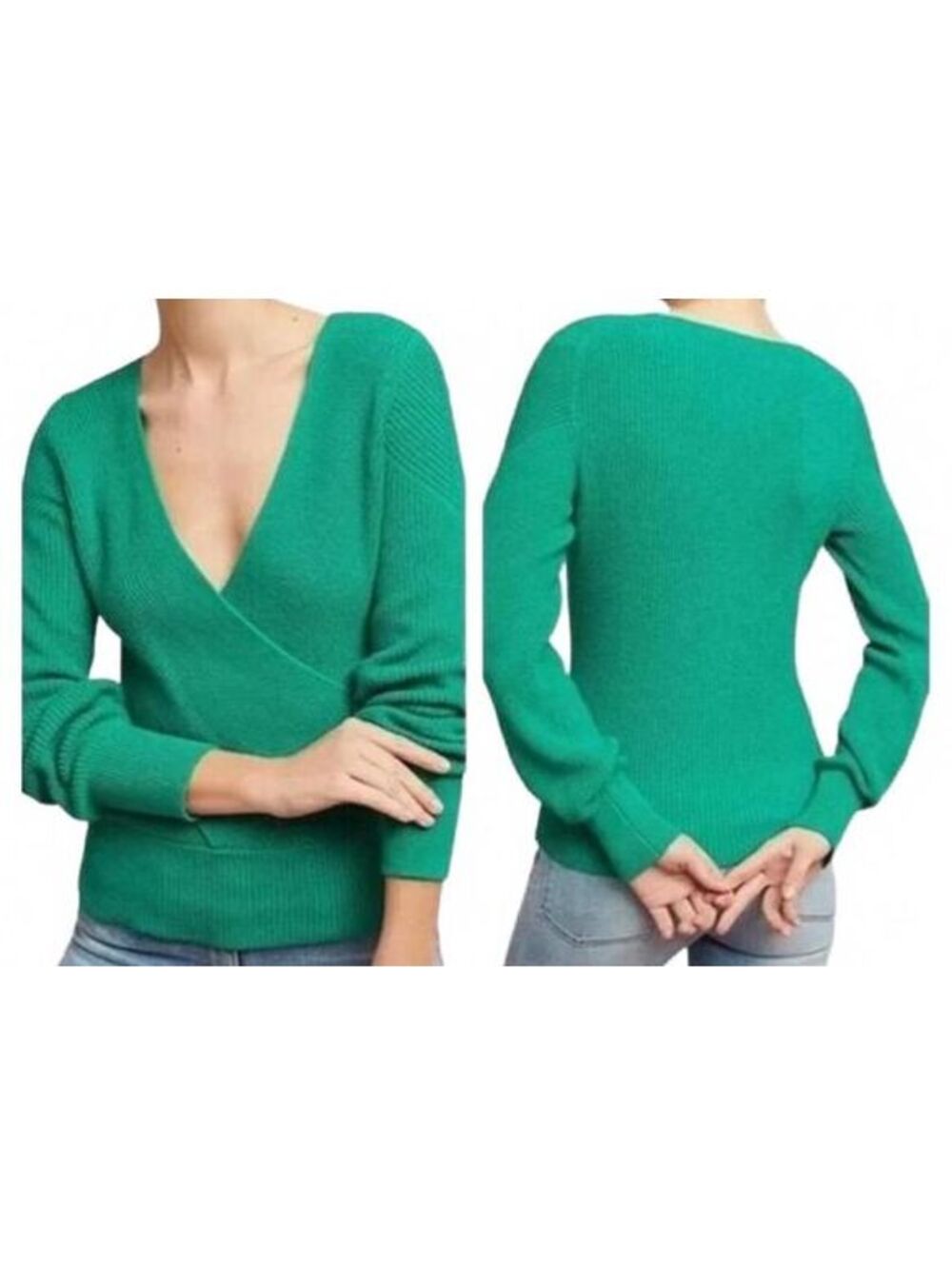 MOTH Anthropologie Green Faux Wrap Front Sweater Ribbed Knit Size Small